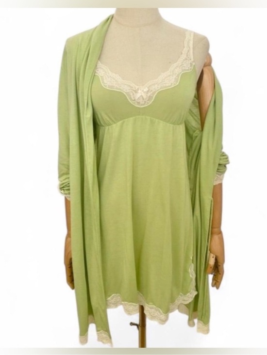 Eberjey Other - Vintage Eberjey Lace Modal Peignoir Set Pistachio Chemise & Robe Set Lady Godiva
